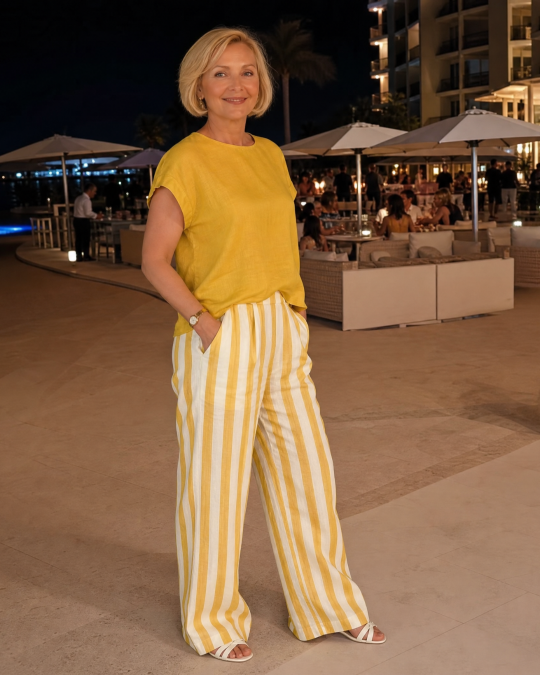 Miolna | Linen Blend Top with Striped Wide-Leg Trousers Set