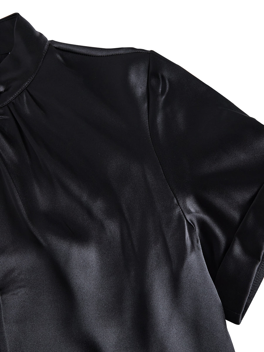 Sophisticated White Satin Blouse with Modern Keyhole Neckline