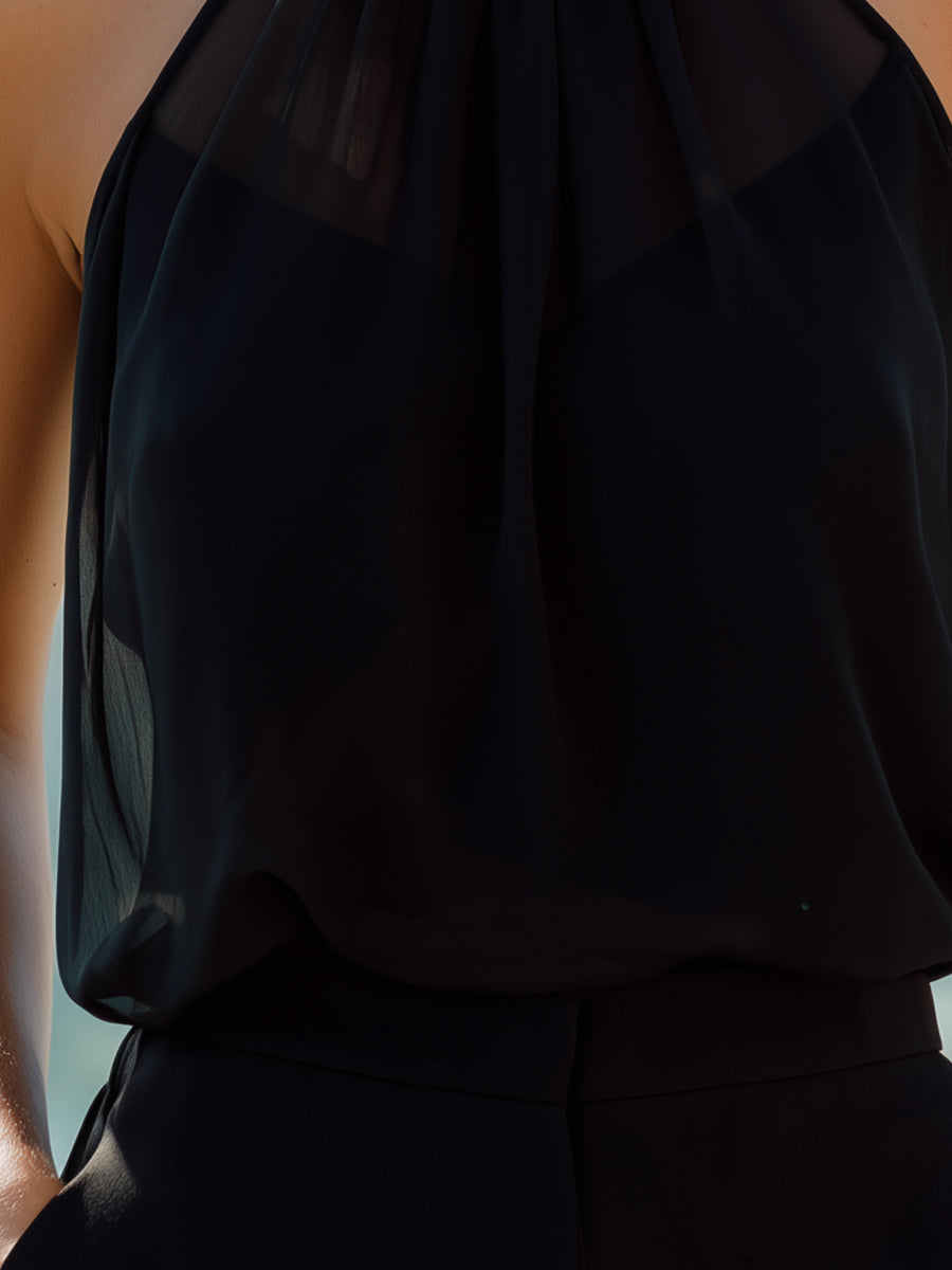 Black Halter Neck Chiffon Sleeveless Top