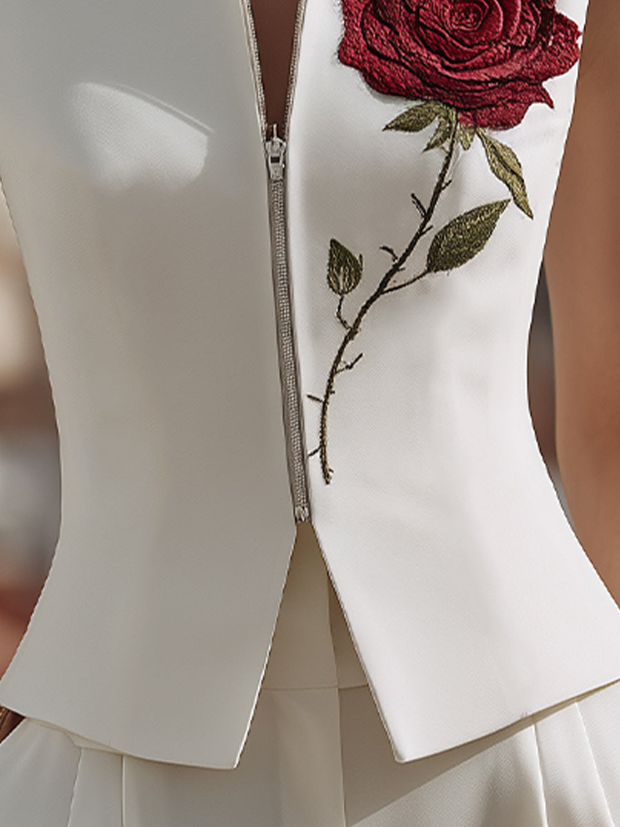Rose Embroidered Sleeveless Zip-Front Vest