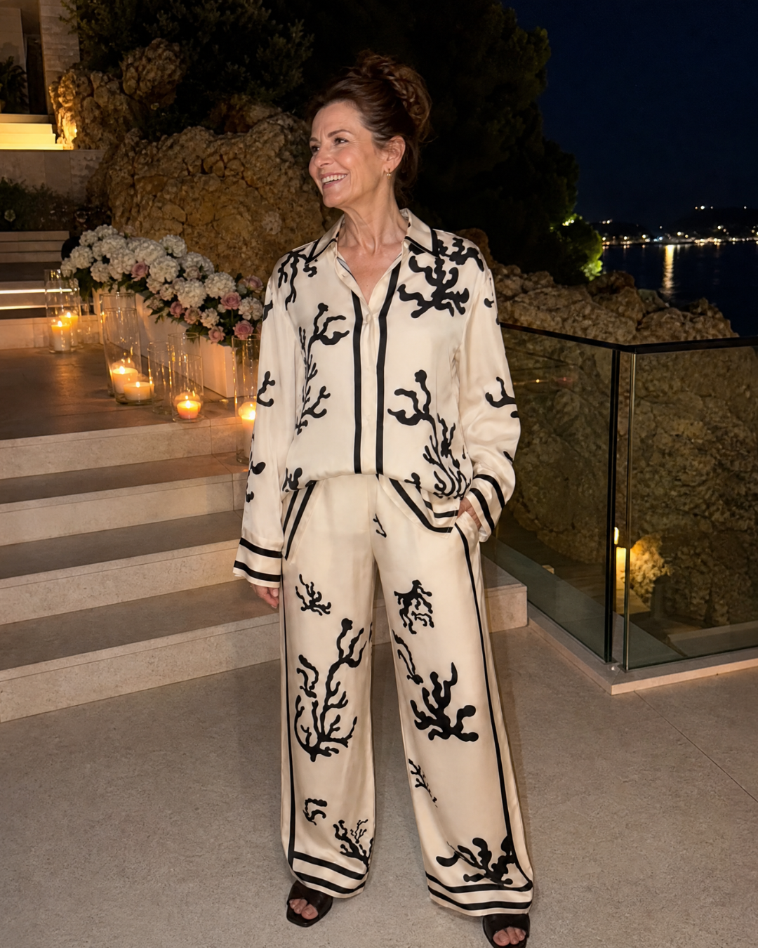 Omeni | Abstract Coastal Print Top and Wide-Leg Trousers Ensemble