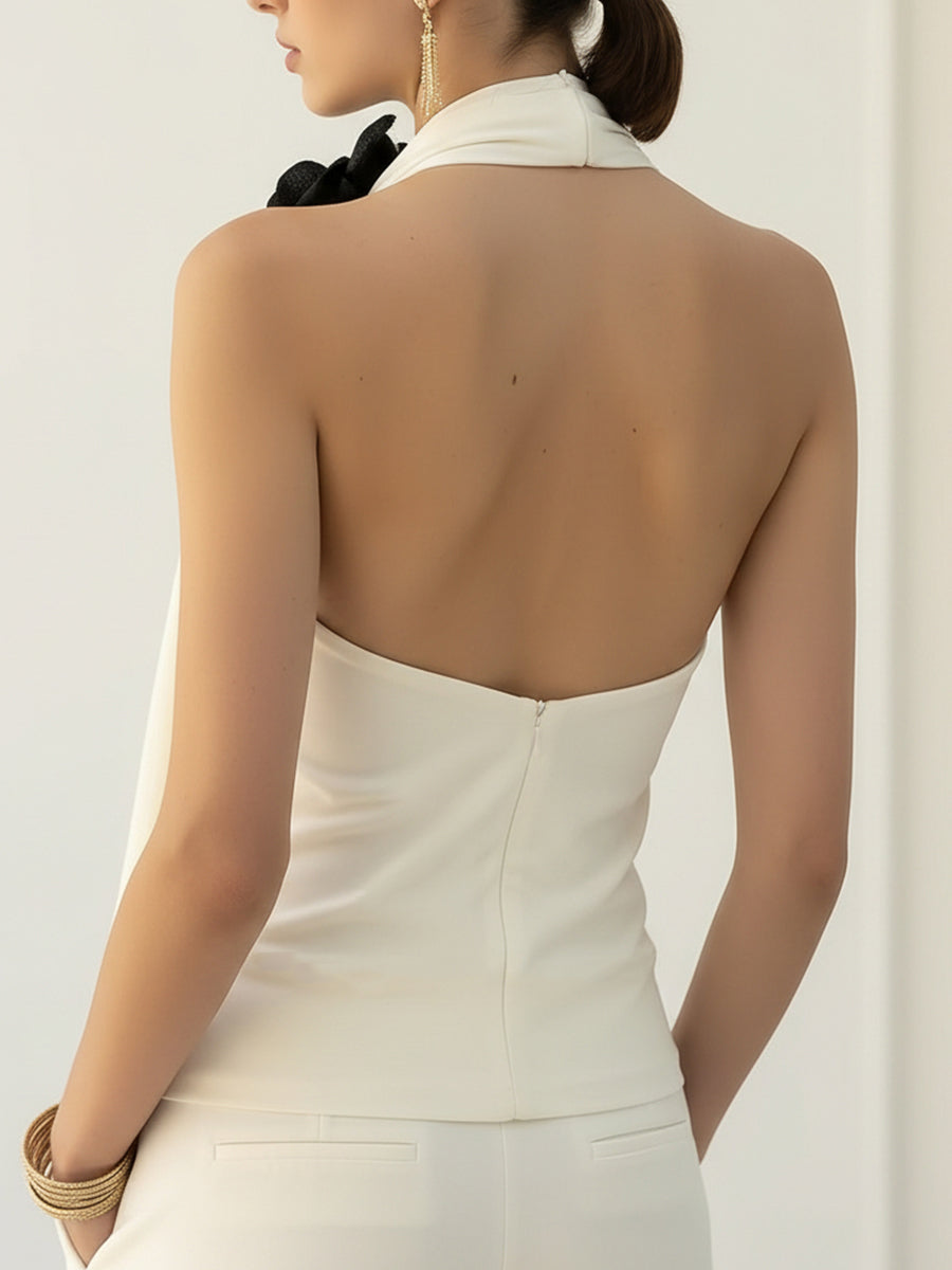 Chic Draped Halter Top With Elegant Floral Detailing