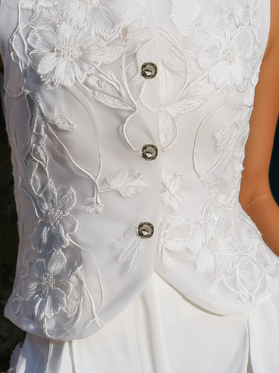 Elegant Sleeveless Floral Embroidered Vest Top