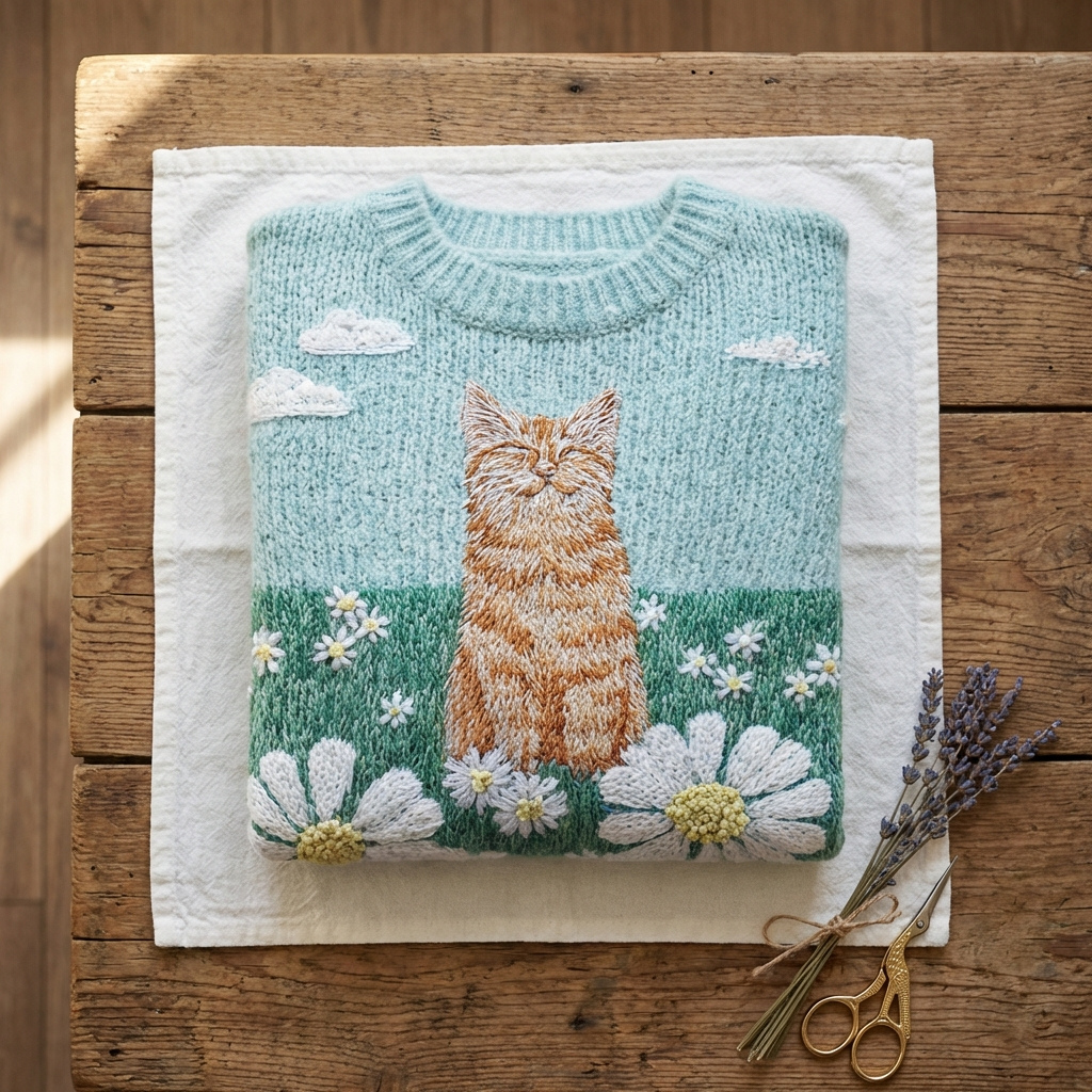 Tara - Blue Cotton Sweater Featuring Cat and Daisy Meadow Print