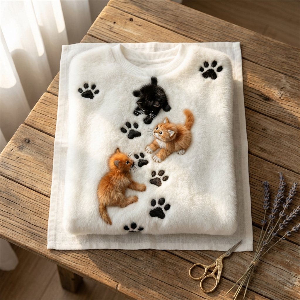 Fiona - Cream Cotton Sweater Featuring Cat and Paw Print Design