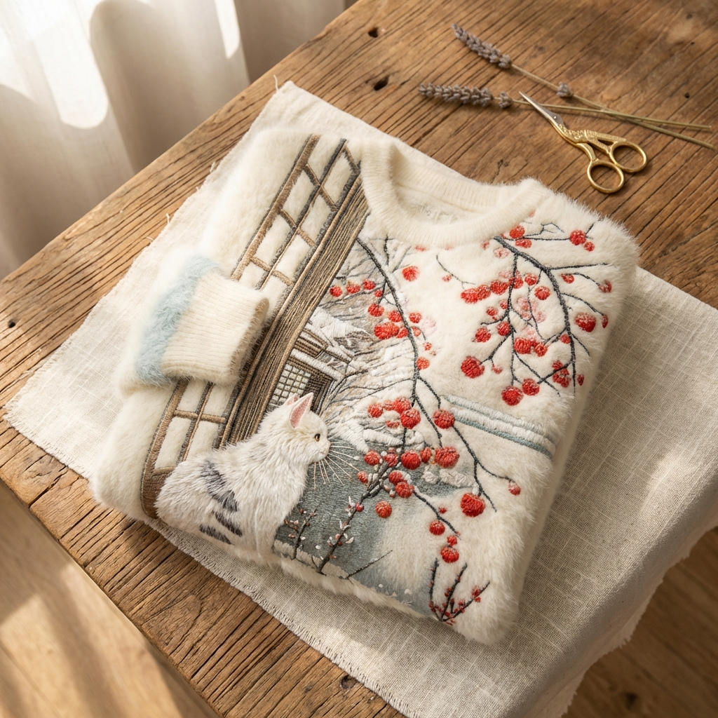 Riley - Cream Cotton Jumper Featuring White Cat and Berry Branch Design