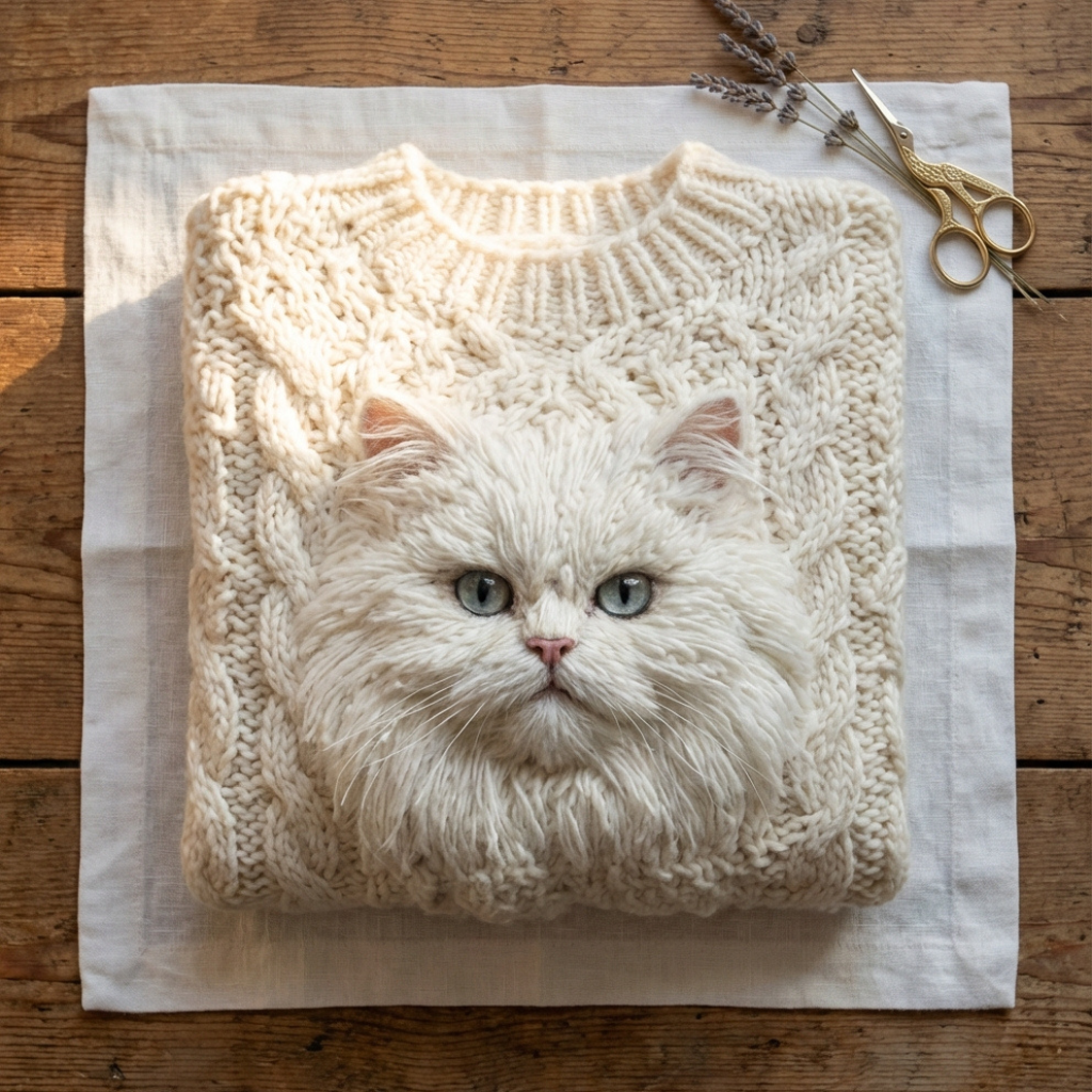 Chloe - Cream Cotton Sweater Featuring White Cat Face Design