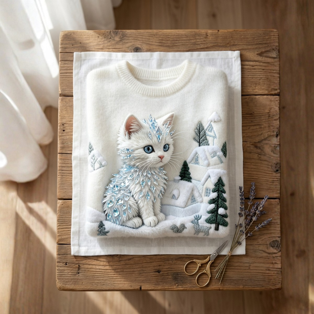 Jenna - Winter Landscape Design Cream Cotton Jumper with White Cat