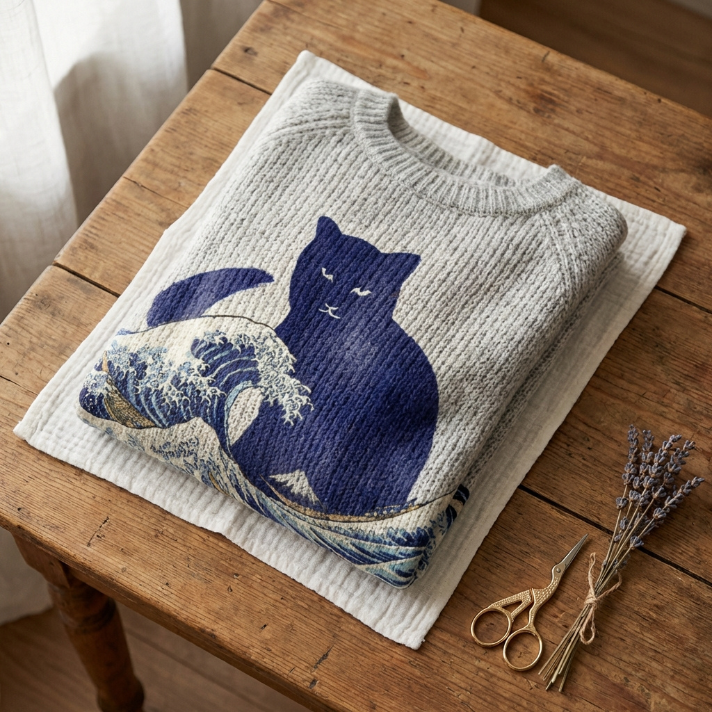 Avery - Grey Cotton Sweater Featuring Cat and Ocean Wave Design