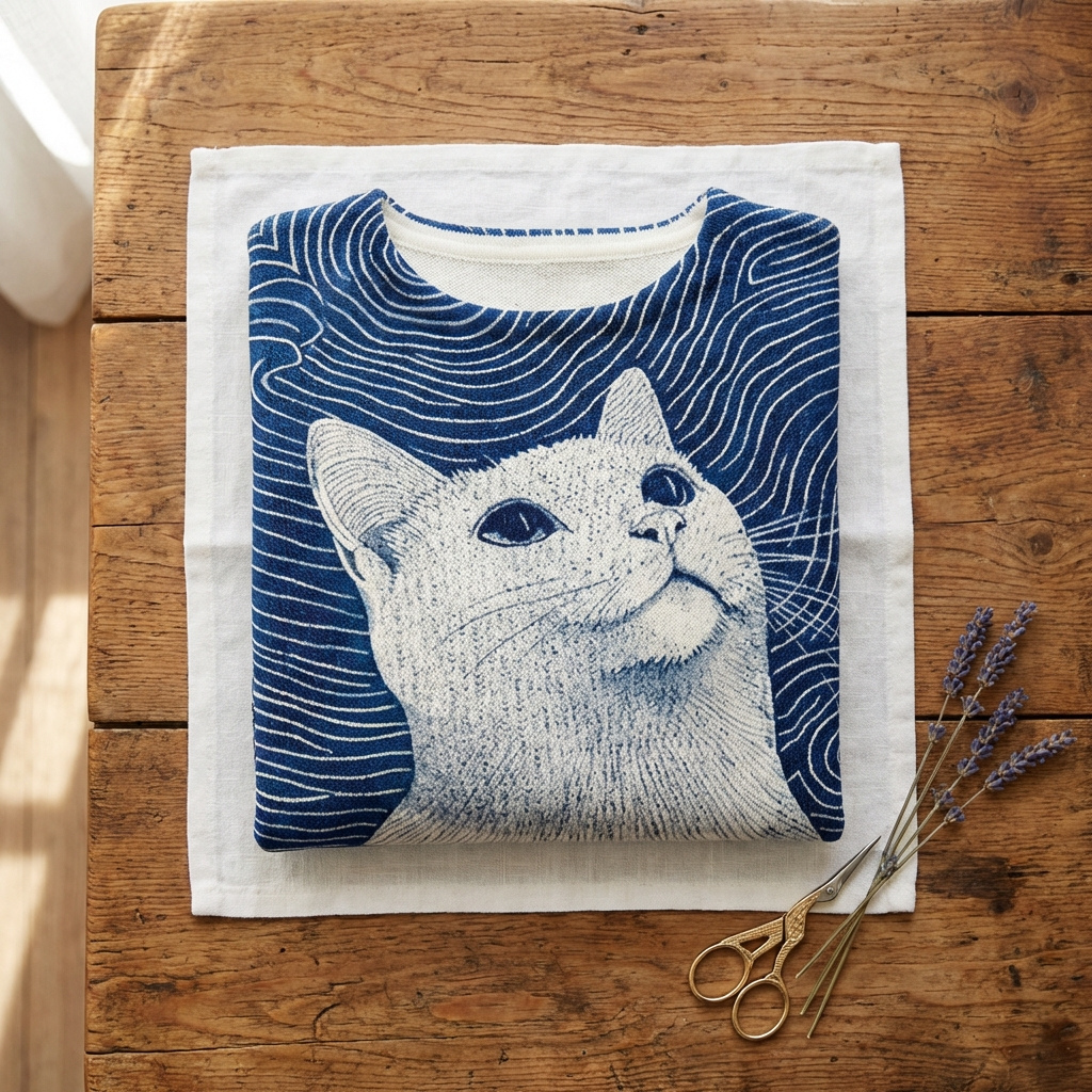 Heather - Navy Blue Cotton Jumper Featuring White Cat and Wave Design