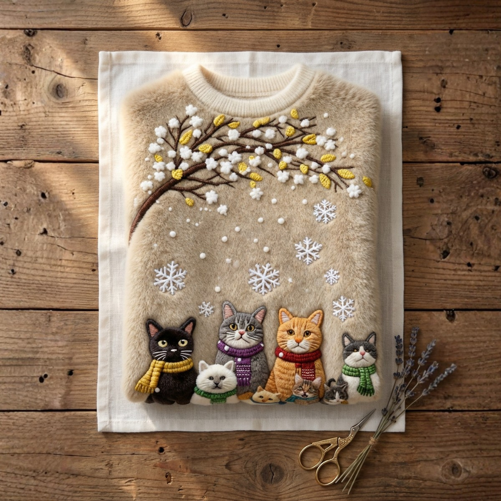 Vanessa - Brown Cotton Sweater Featuring a Playful Cat and Winter Tree Design