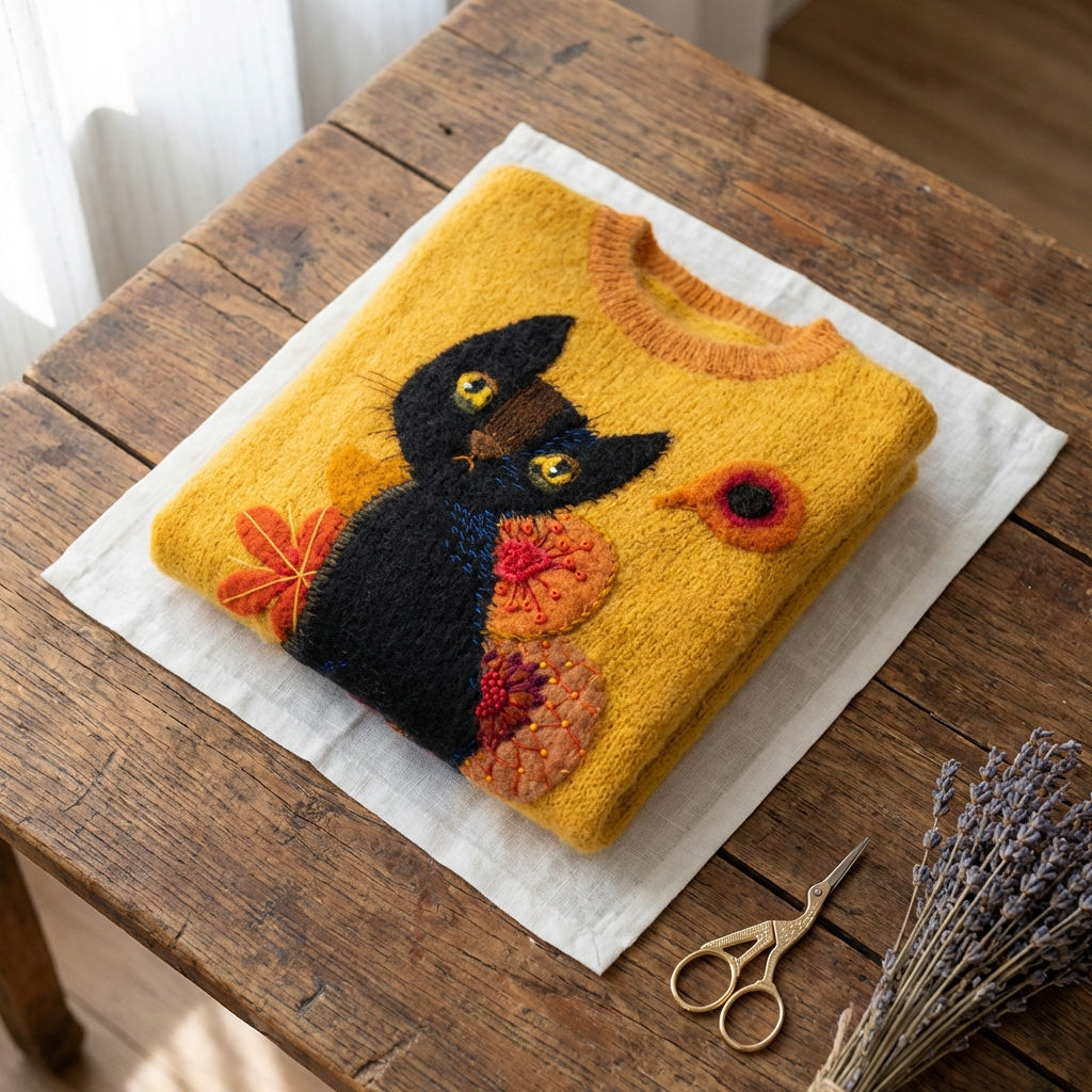 Blair - Yellow Cotton Sweater Featuring Black Cat and Floral Design