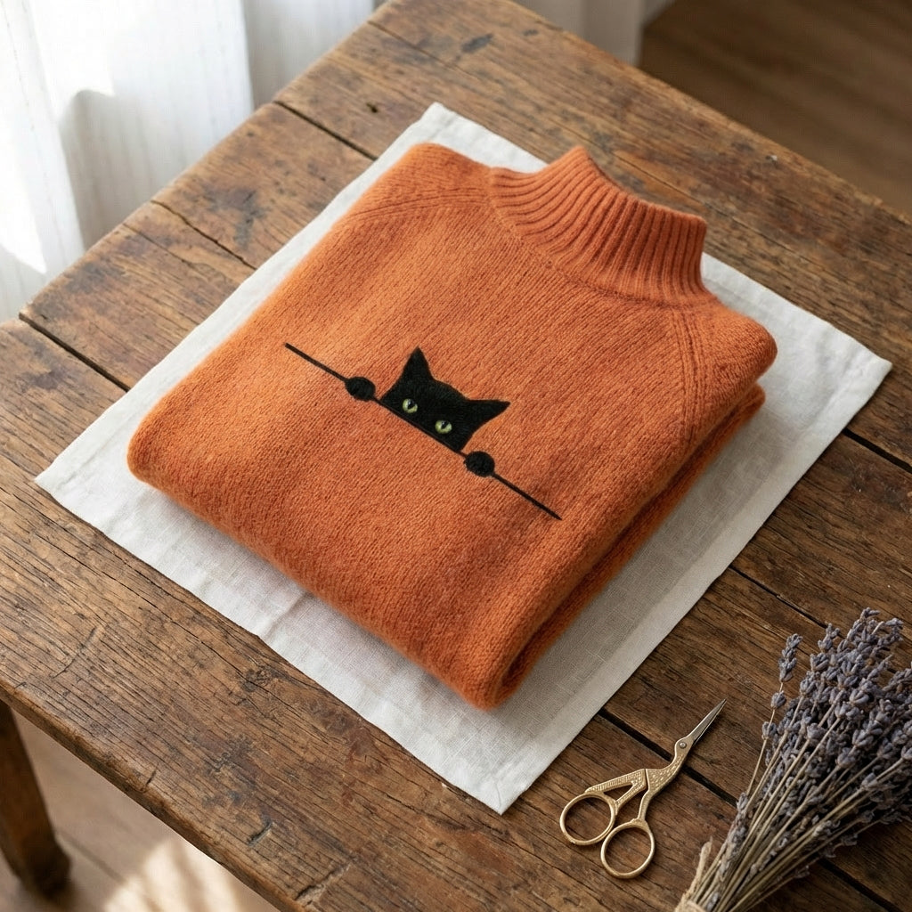 Kaitlyn - Cozy Cotton Sweater Featuring a Playful Black Cat Design