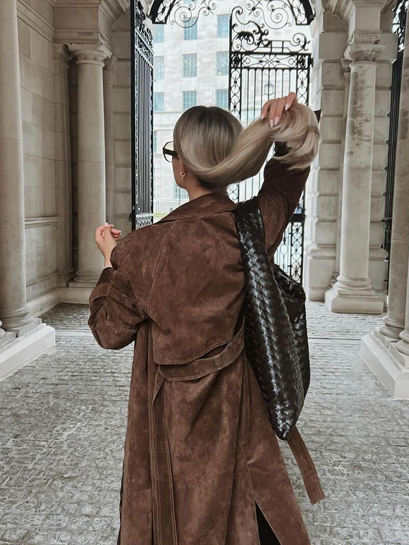 Nadine | Chic Long Suede Trench Coat with Waist Belt