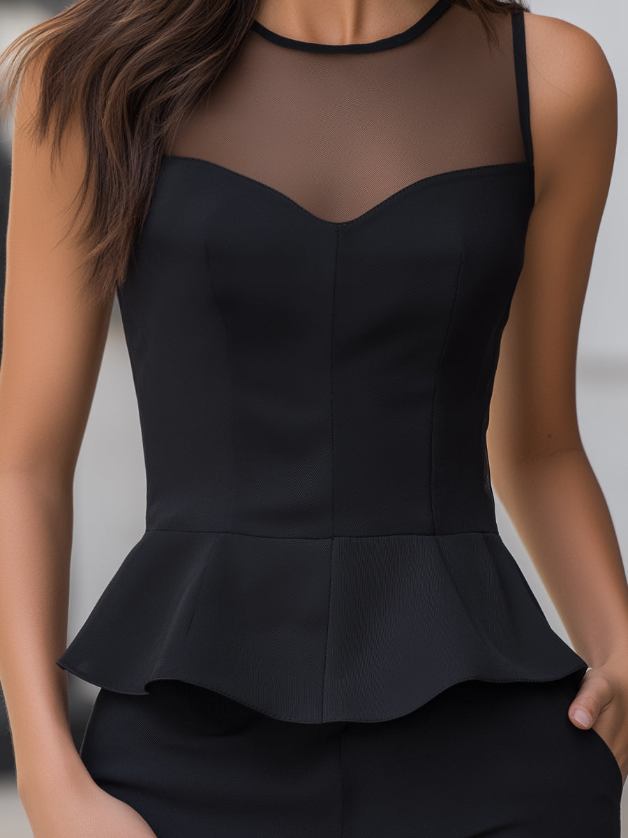 Chiffon Yoke Sleeveless Peplum Top