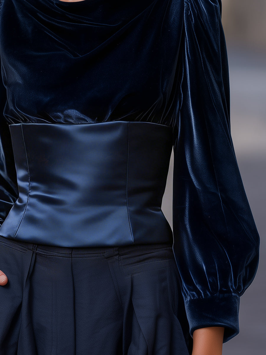 Velvet Draped Long-Sleeve Top With Sculpted Waist