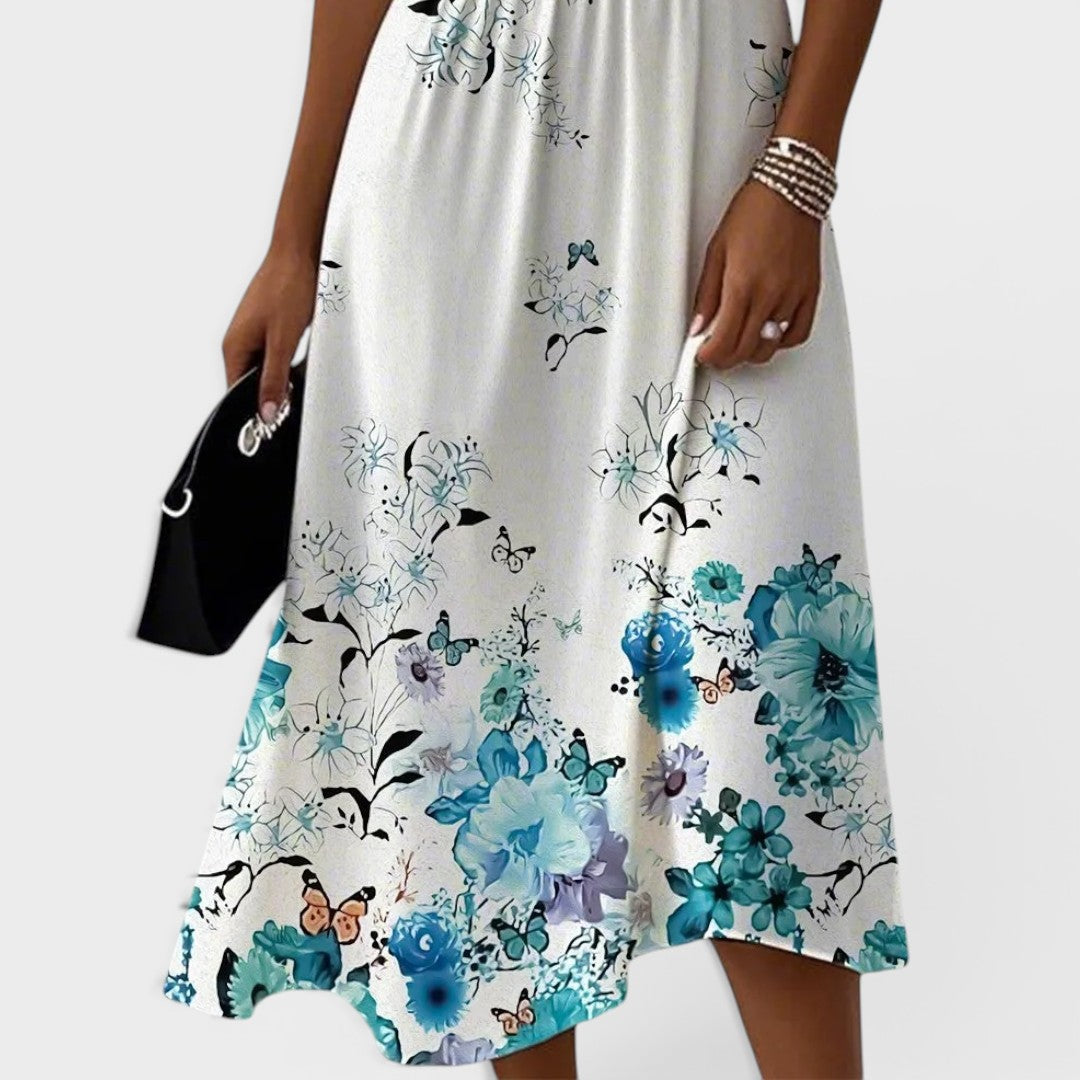 Seraphina | Midi Dress with Flared Sleeves in Blue Floral