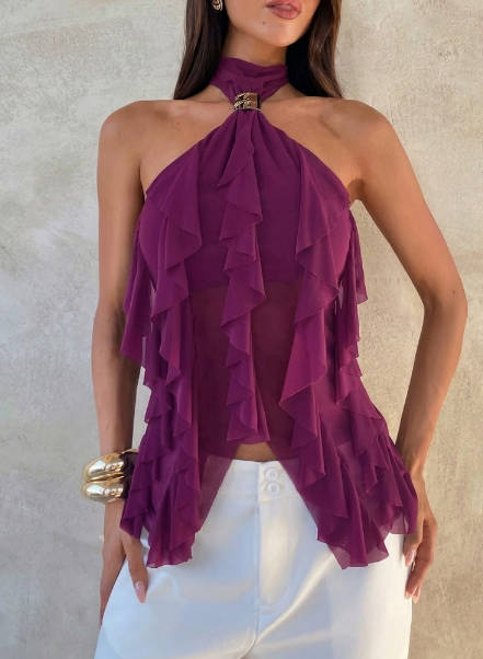 Ruffled High-Neck Sleeveless Chiffon Blouse