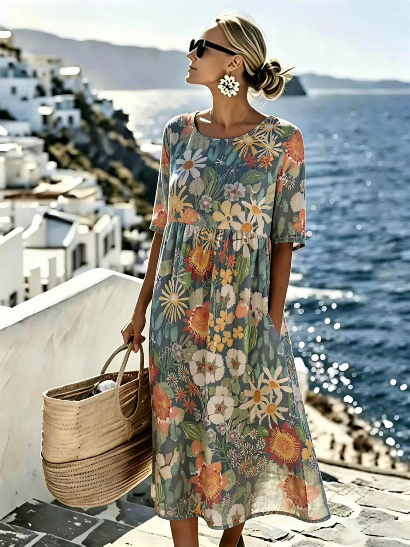 Evie™ - Elegant Midi Dress with Summer Flowers