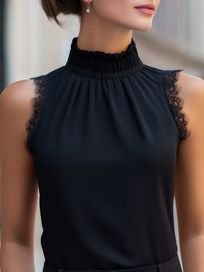 High Neck Lace-Trim Sleeveless Blouse