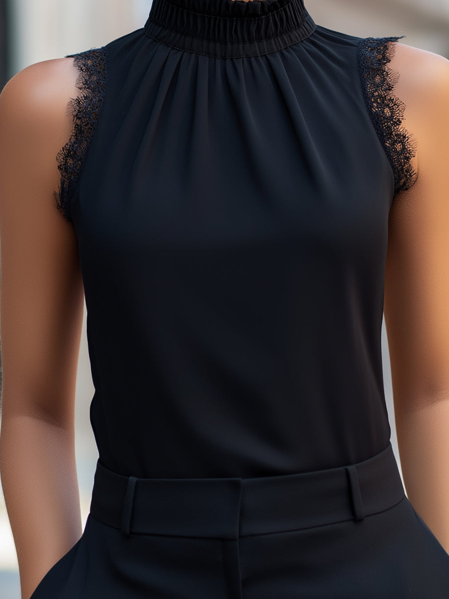 High Neck Lace-Trim Sleeveless Blouse