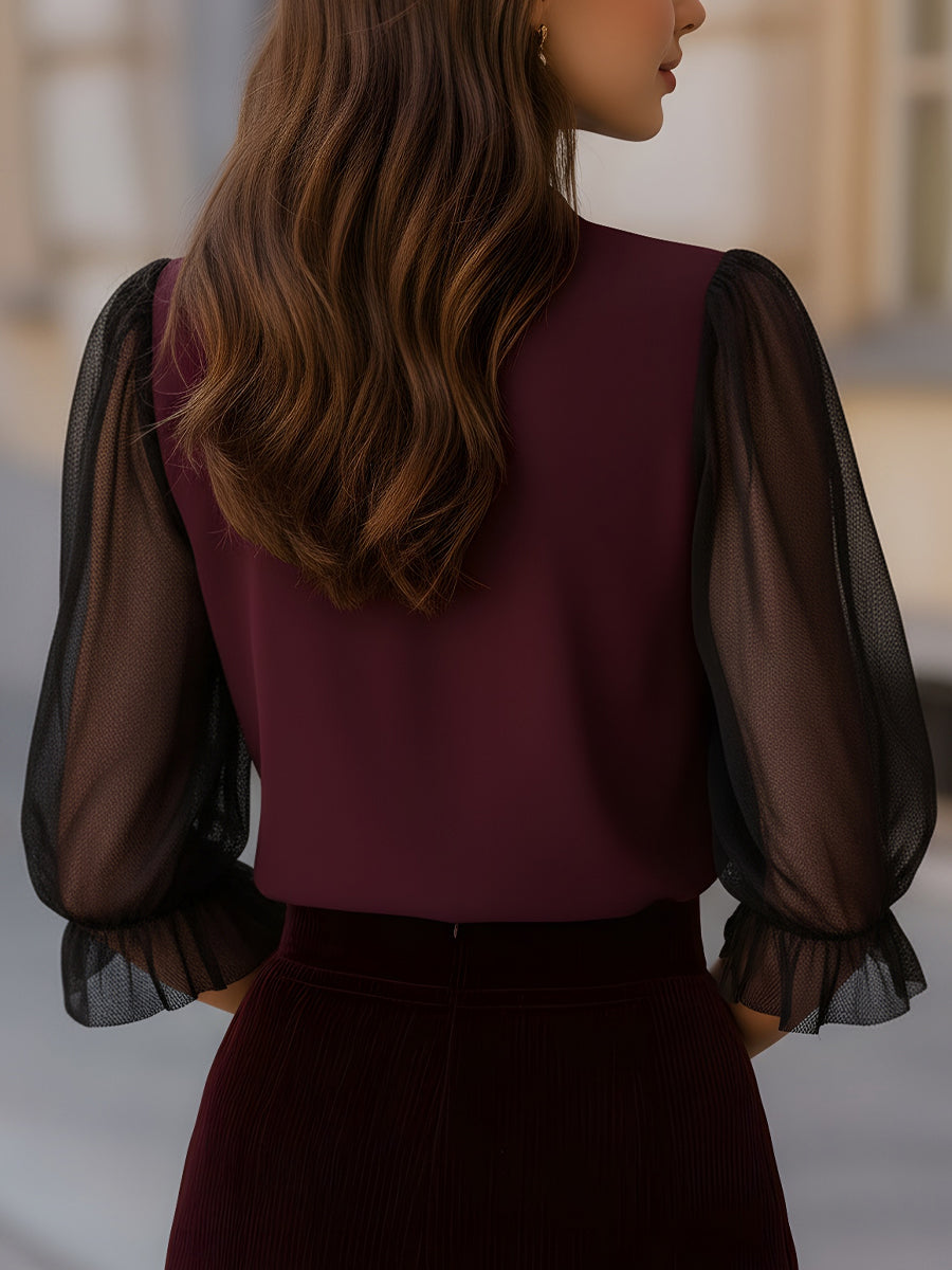 Sheer Puff Sleeve Button-Up Blouse