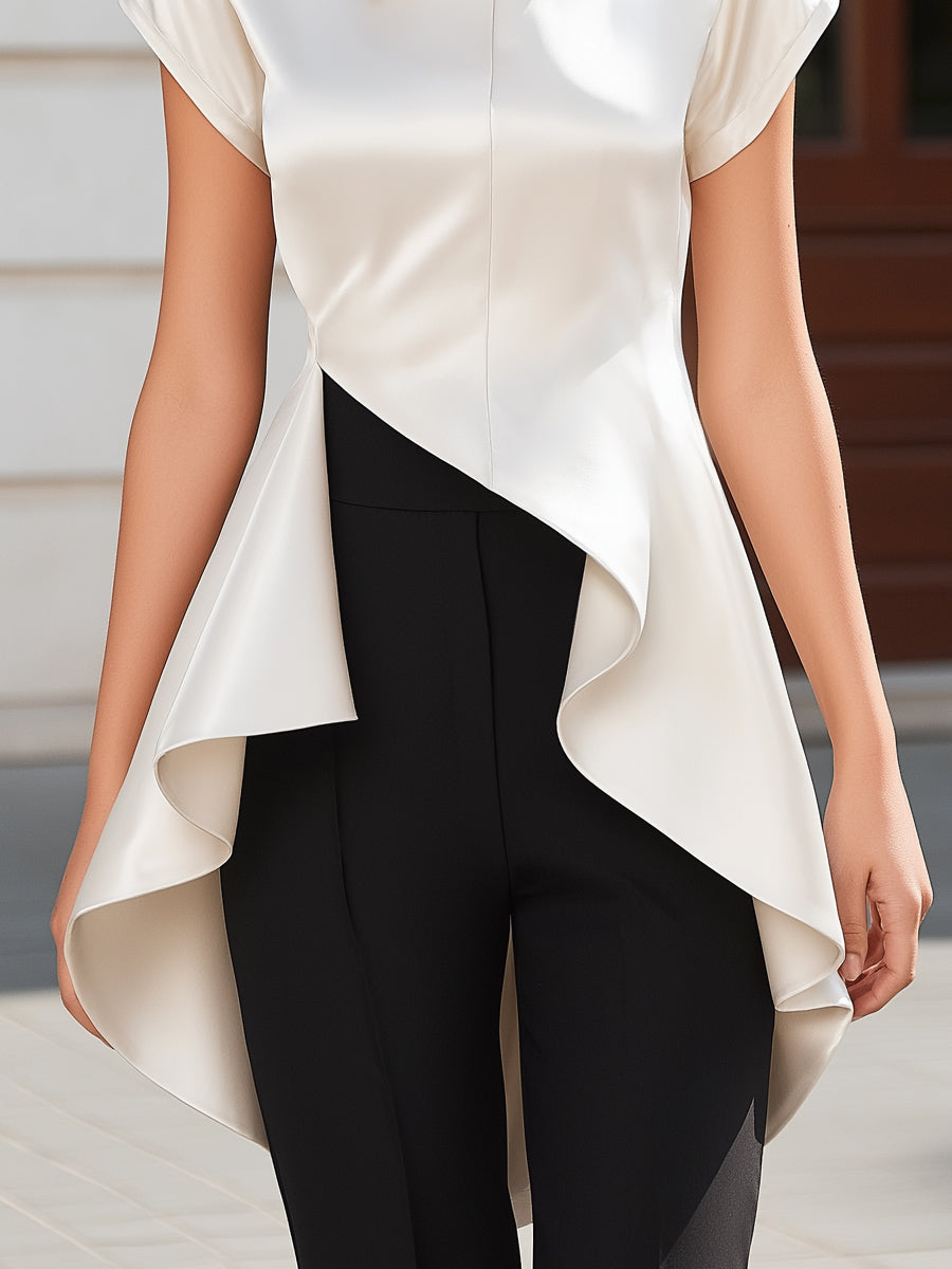 Asymmetric Hem Tailored Blouse With Sculpted Draped Panel