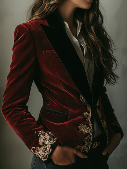 Luxurious Velvet Blazer with Elegant Black Collar and Gold Embroidery