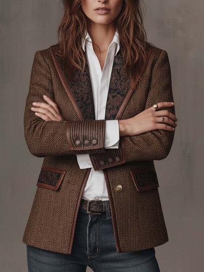 Herringbone Tweed Blazer Featuring Printed Panels