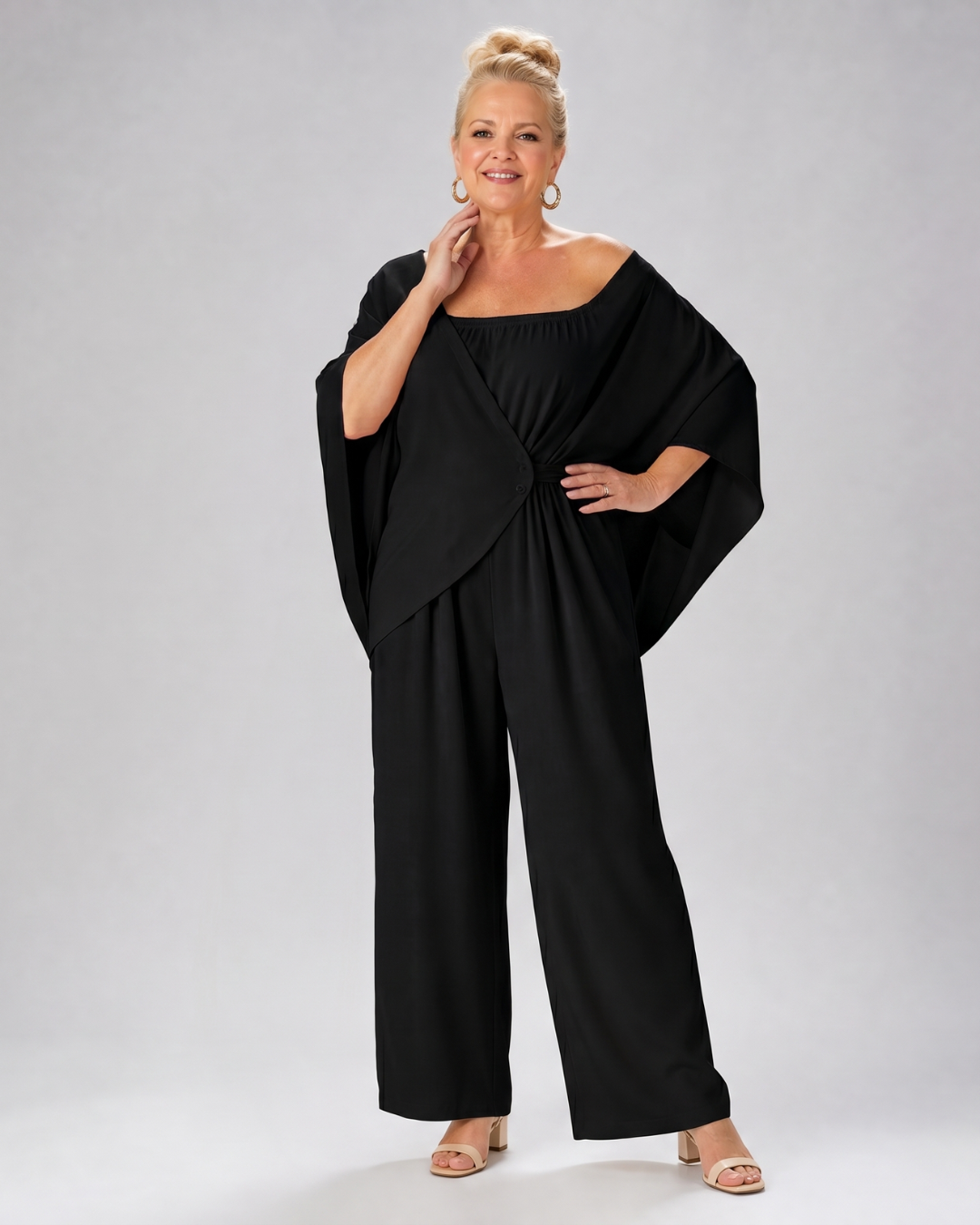 Vemrina | Off-Shoulder Draped Top & Wide-Leg Trousers Ensemble