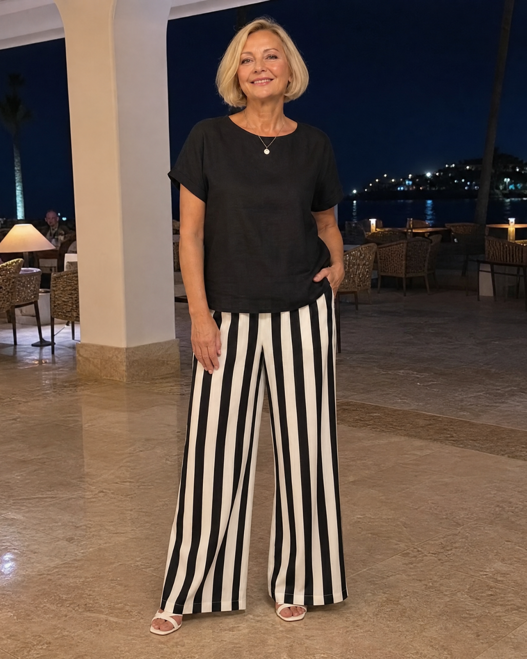 Miolna | Linen Blend Top with Striped Wide-Leg Trousers Set
