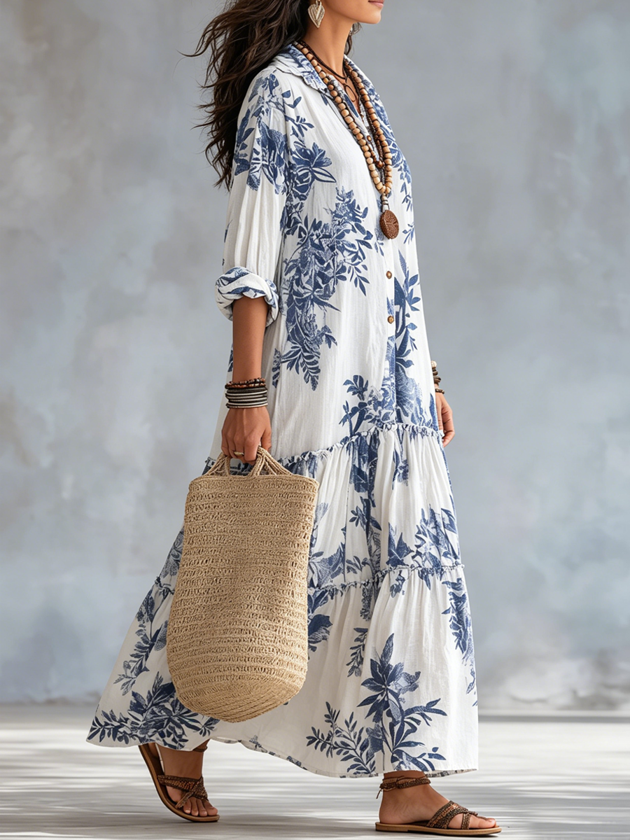 Dahlia | Chic Floral Tiered Maxi Dress in Blue