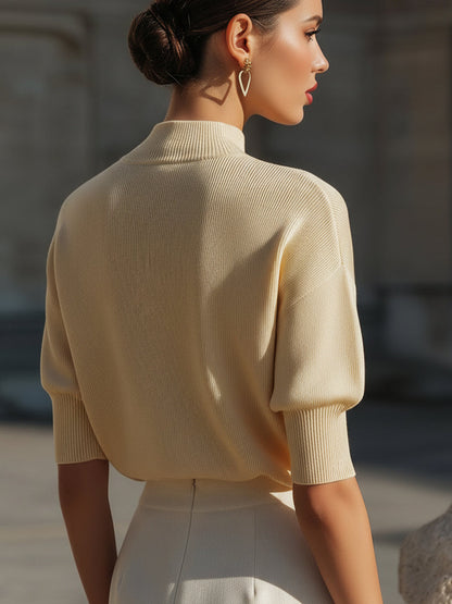 Ribbed Mock-Neck Short-Sleeve Knit Top