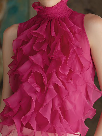Ruffled High-Neck Sleeveless Chiffon Blouse