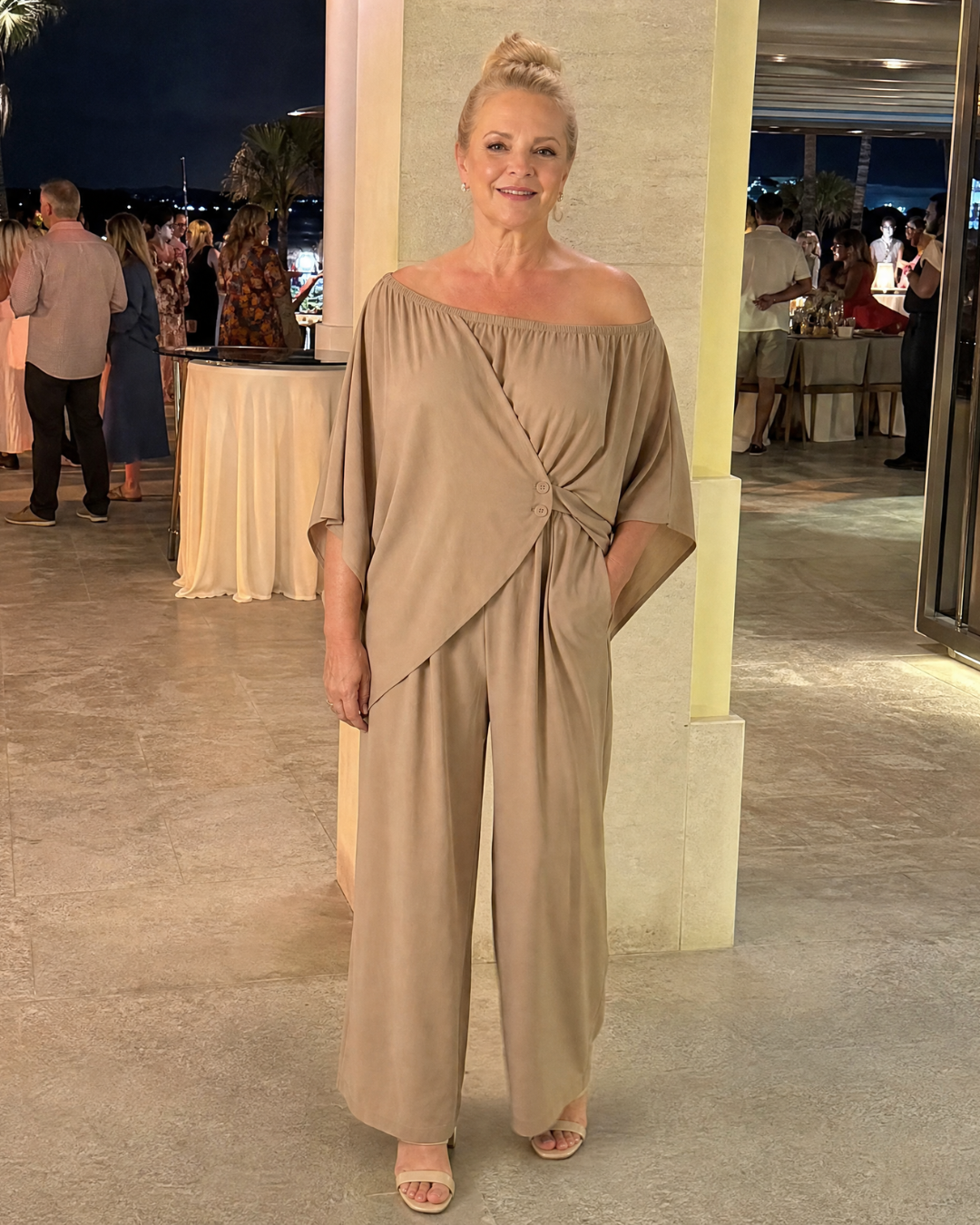 Vemrina | Off-Shoulder Draped Top & Wide-Leg Trousers Ensemble