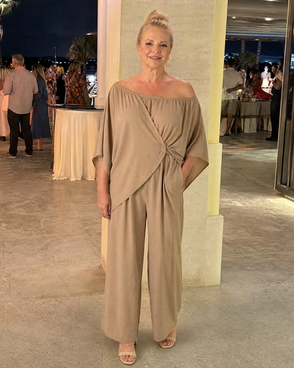 Vemrina | Off-Shoulder Draped Top & Wide-Leg Trousers Ensemble