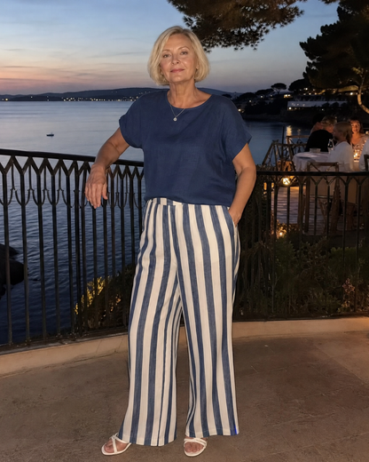 Miolna | Linen Blend Top with Striped Wide-Leg Trousers Set