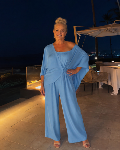 Vemrina | Off-Shoulder Draped Top & Wide-Leg Trousers Ensemble
