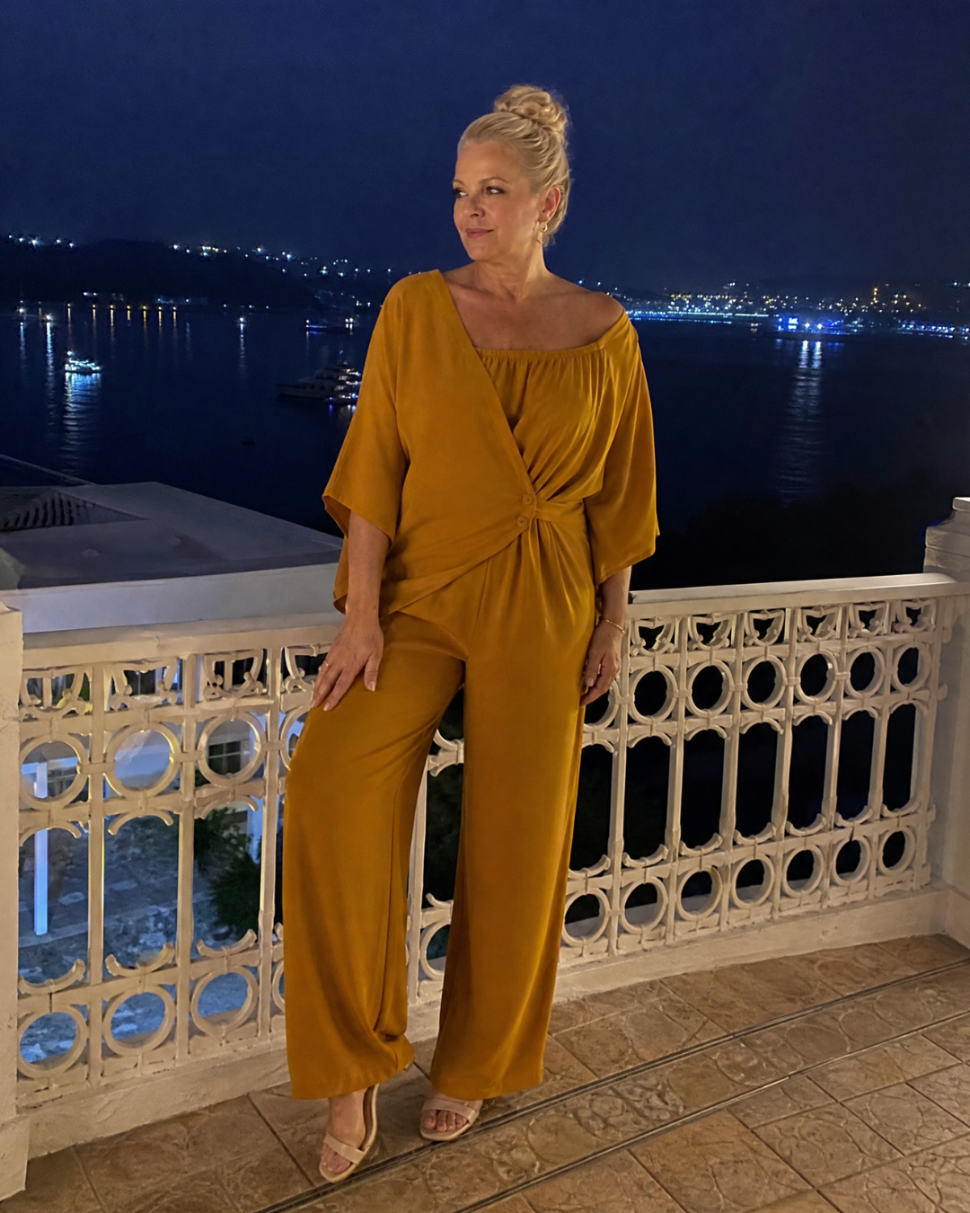 Vemrina | Off-Shoulder Draped Top & Wide-Leg Trousers Ensemble
