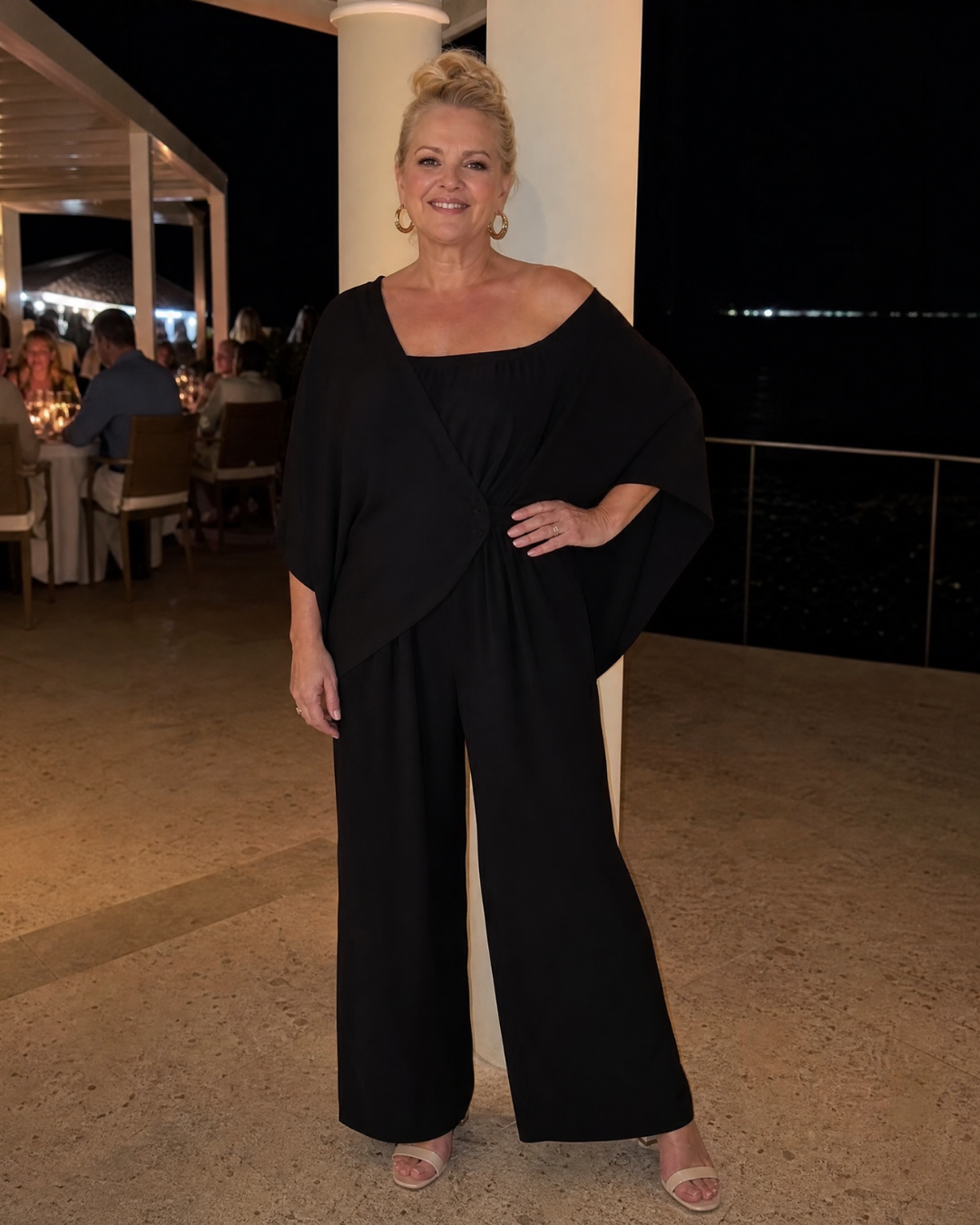 Vemrina | Off-Shoulder Draped Top & Wide-Leg Trousers Ensemble