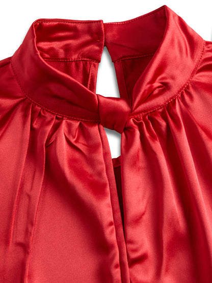 Sophisticated White Satin Blouse with Modern Keyhole Neckline