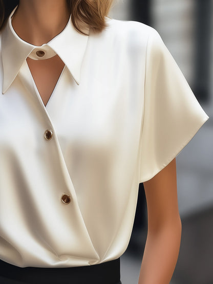Asymmetric Buttoned Satin Blouse with Cutout Collar Detail