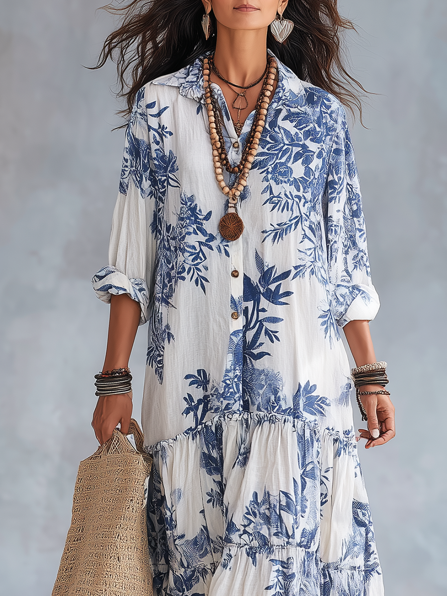 Dahlia | Chic Floral Tiered Maxi Dress in Blue