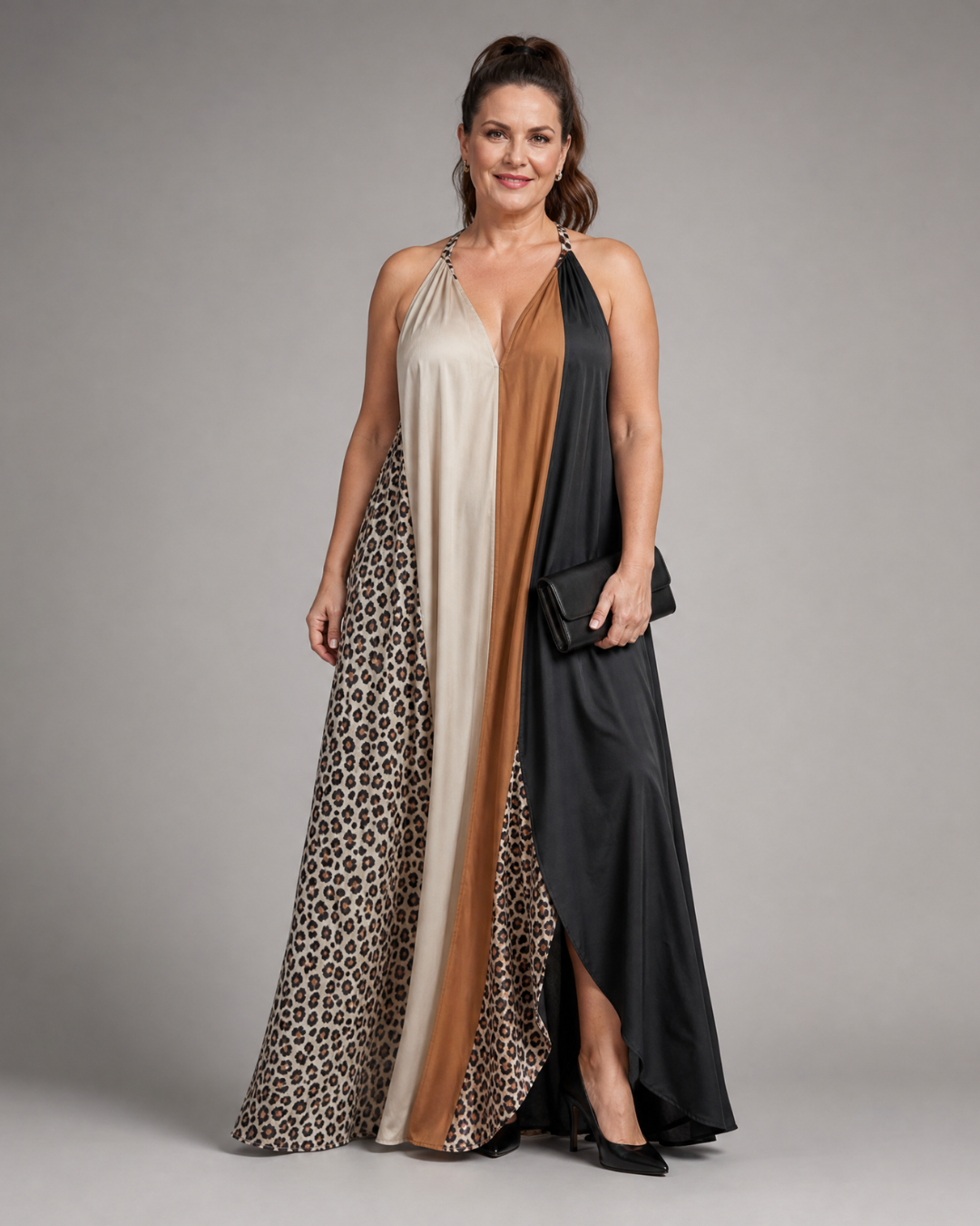 Zephielle | Color-Blocked Animal Print Halter Maxi Dress