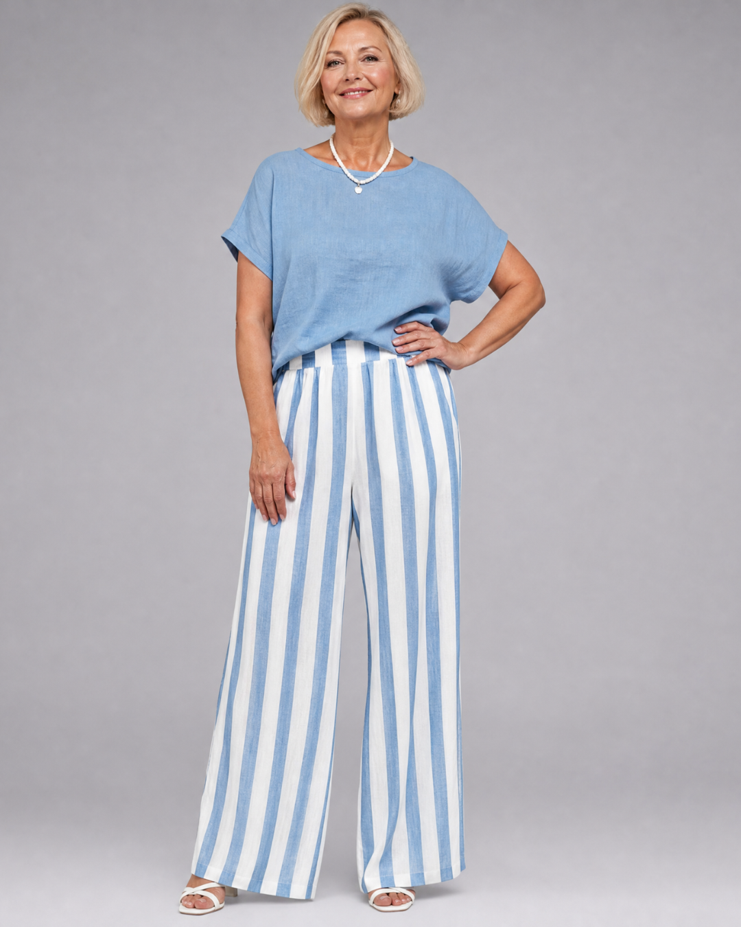Miolna | Linen Blend Top with Striped Wide-Leg Trousers Set