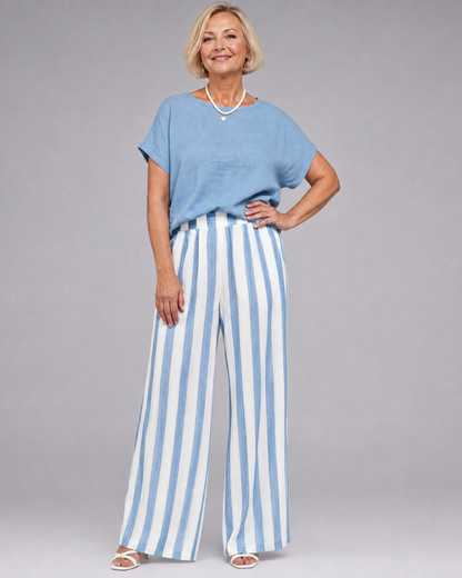 Miolna | Linen Blend Top with Striped Wide-Leg Trousers Set