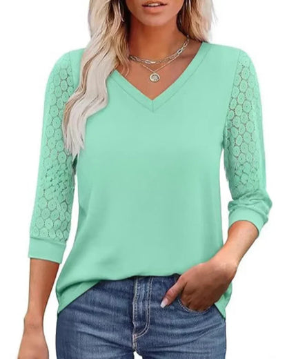 Doreen - Lace-Sleeve Casual V-Neck Blouse