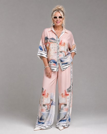 Akela | Scenic Print Button-Up Shirt and Wide-Leg Trouser Set