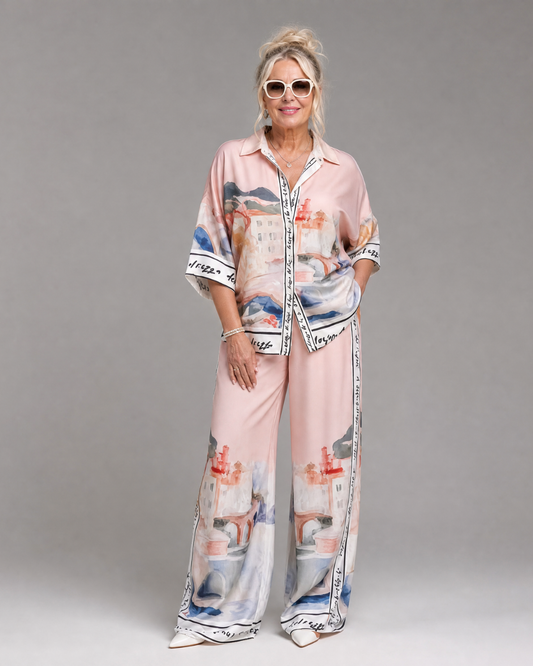 Akela | Scenic Print Button-Up Shirt and Wide-Leg Trouser Set