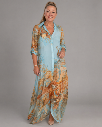 Azmira | Flowing Maxi Dress with Baroque Print and Button Front
